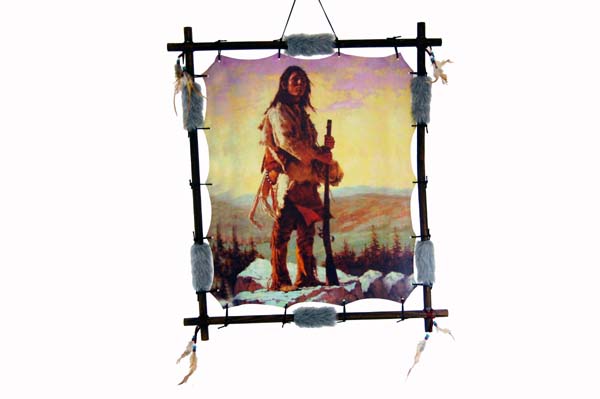 Frame Wooden Indian Standing With Gun 60x70cm