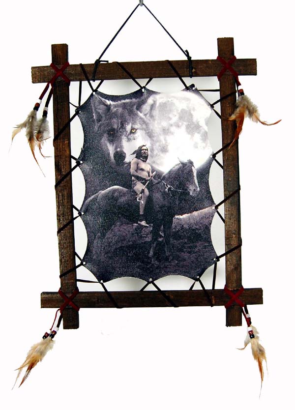 FRAME WOODEN INDIAN ON HORSE