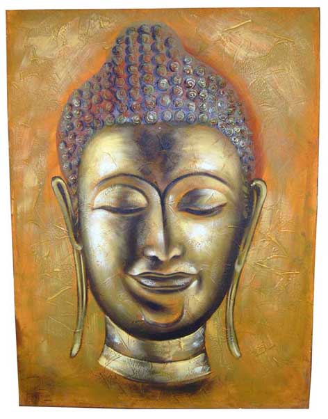 Frame Buddha Head Gold Colour Hand-Painted On Canvas 90X120X3cm
