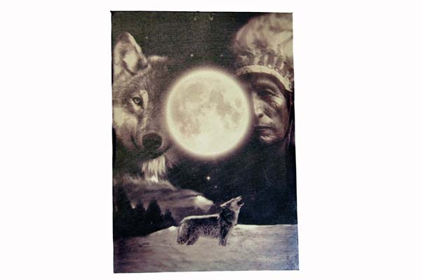 Frame Indian And Wolves At Night Time 25x35cm