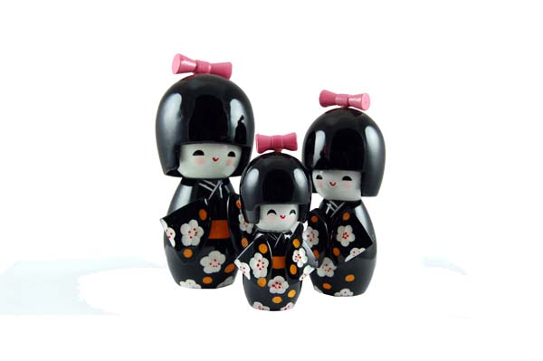 Japanese Dolls Wood Black 3pcs