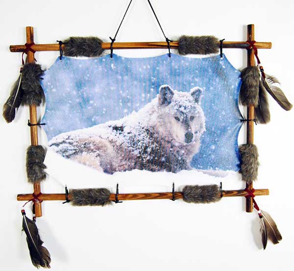 Frame Wooden Wolf With Snow Falling 56x41cm