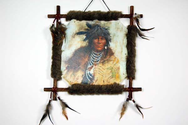 Frame Wooden Indian Man With Feather Hat 40x40cm