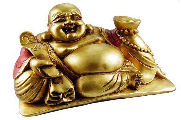 Buddha Lying Down Holding Beads And Gifts Red And Gold 15 Inches