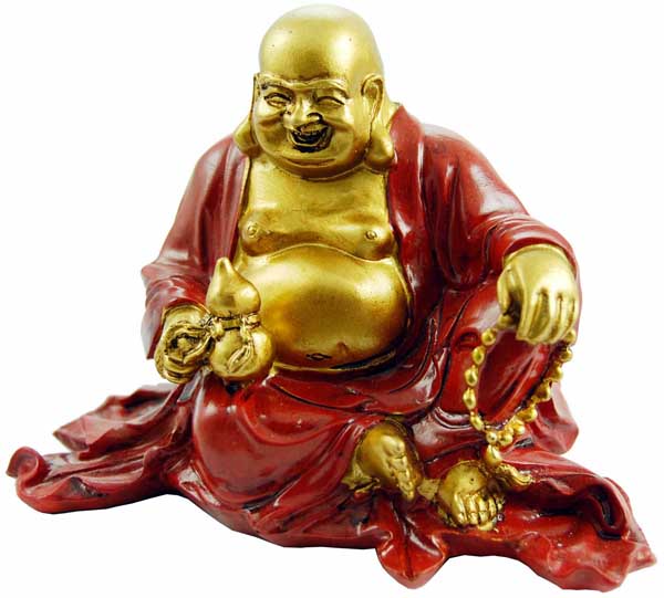 Buddha Happy Sitting With Beads Red And Gold 4.75 Inch Length