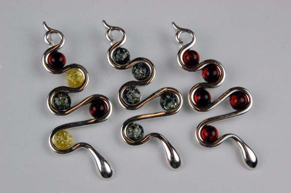 Amber Pendant 5 Stones Green Amber, Orange Amber Mixed 925 Sterl