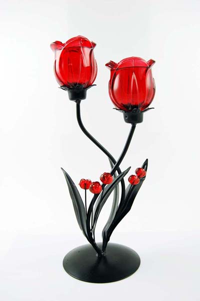Candle Holder Double Rose Red