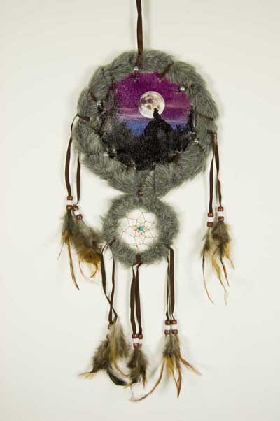Dream Catcher Brown Wolf Howling On Cliff At Night Time 6.5 Inch