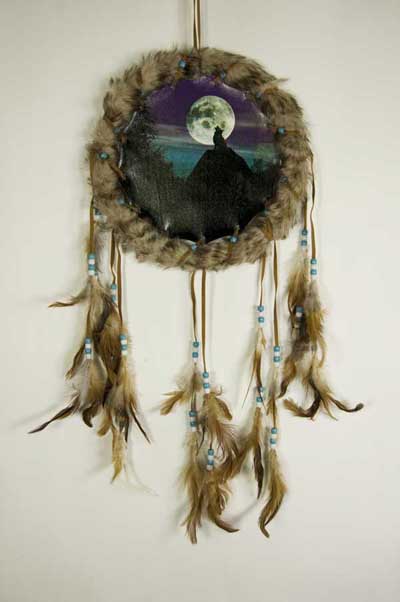 Dream Catcher Turquoise Wolf Howling At Night Time 10 Inch