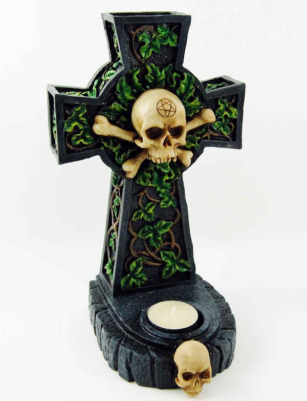 Candle Holder T-Light Cross With Skull And Bones