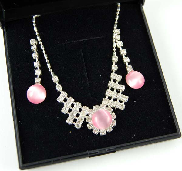 Necklace And Earring Set Circle Pink And Clear Stone Drop