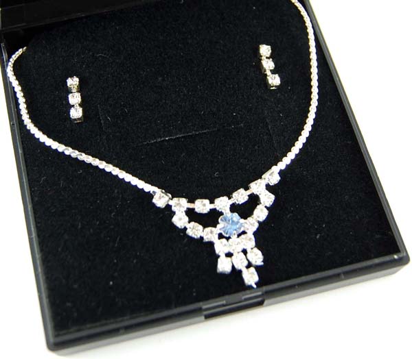 Necklace And Earring Set Clear Stone Drop With Centre Blue Stone