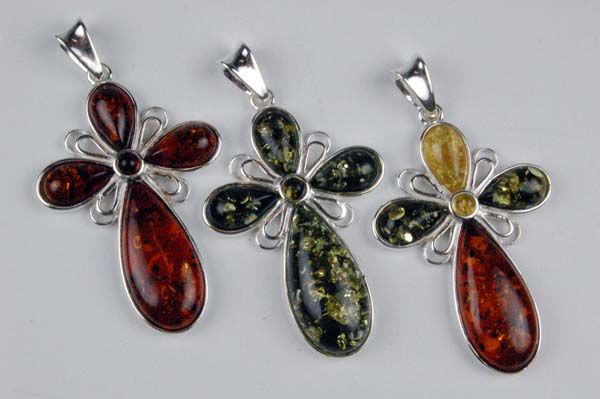 Amber Pendant Stone Cross Green Amber, Orange Amber or Mixed 925