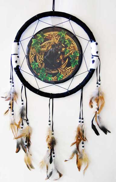 Dreamcatcher Black Cat In Pentagram 13 Inch by Lisa Parker