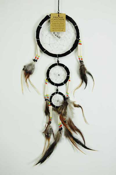 Dream Catcher 3 Circles With Bone Wooden Beads And Feathers 6dm