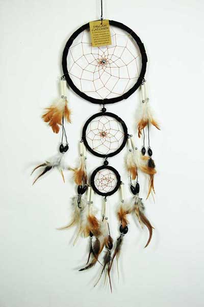 Dream Catcher 3 Circles With Bone Wooden Beads And Feathers 6dm