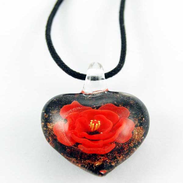 Necklace Heart Red Rose Glass With Black Back