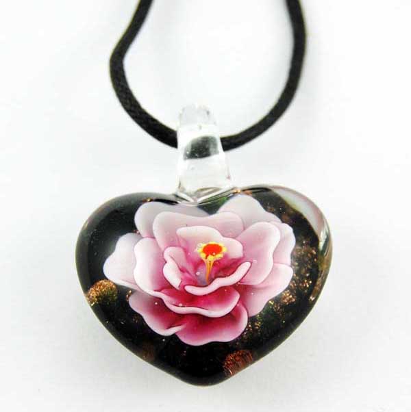 Necklace Heart Pink Rose Glass With Black Back 18 Inch*MORE INFO
