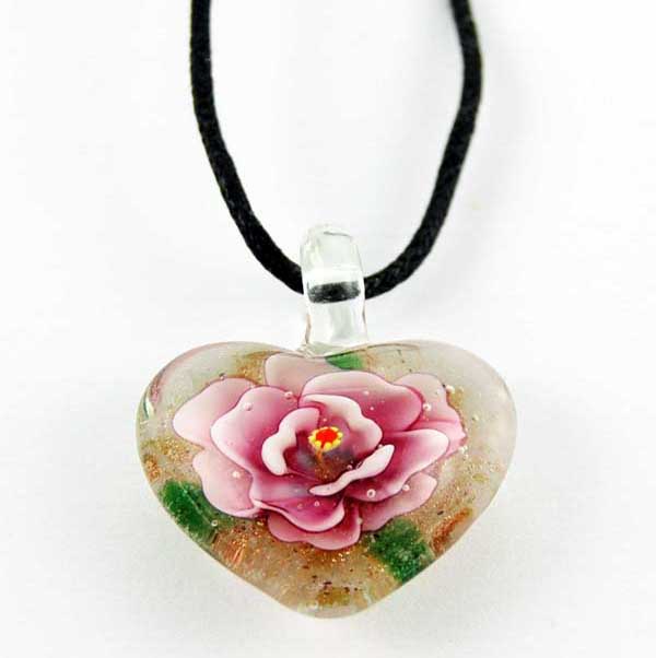 Necklace Heart Pink Rose Glass With Clear Black