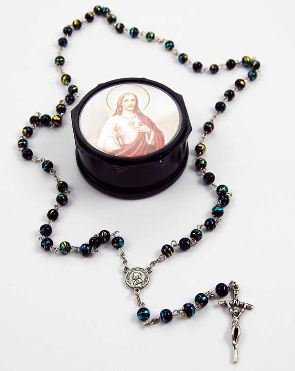 Rosary Black With Icon Picture Supplied In A Gift Box