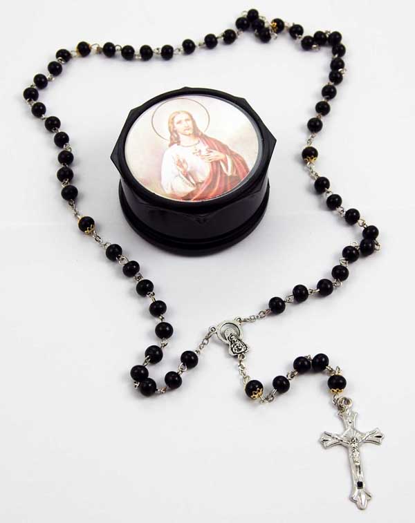 Rosary With Black Beads In Gift Box