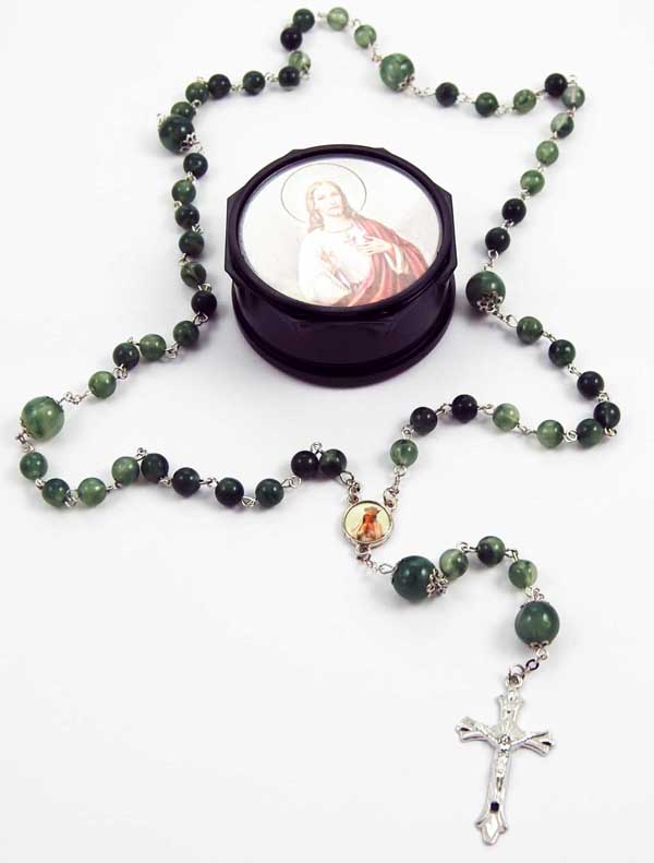 Rosary With Light Green Beads In Gift Box