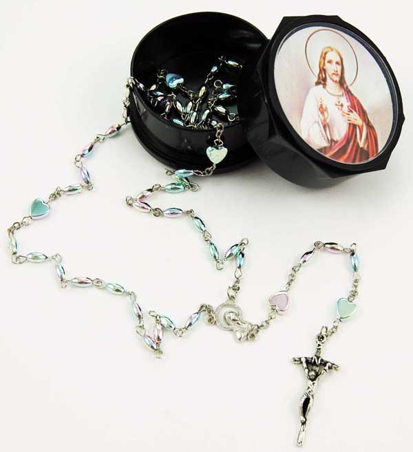 Rosary With Rainbow Hearts And Beads In Gift Box
