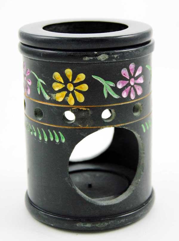 Oilburner Soapstone Black With Coloured Floral Design *MORE INFO