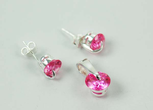 Earring & Pendant Set Silver Pink Stones