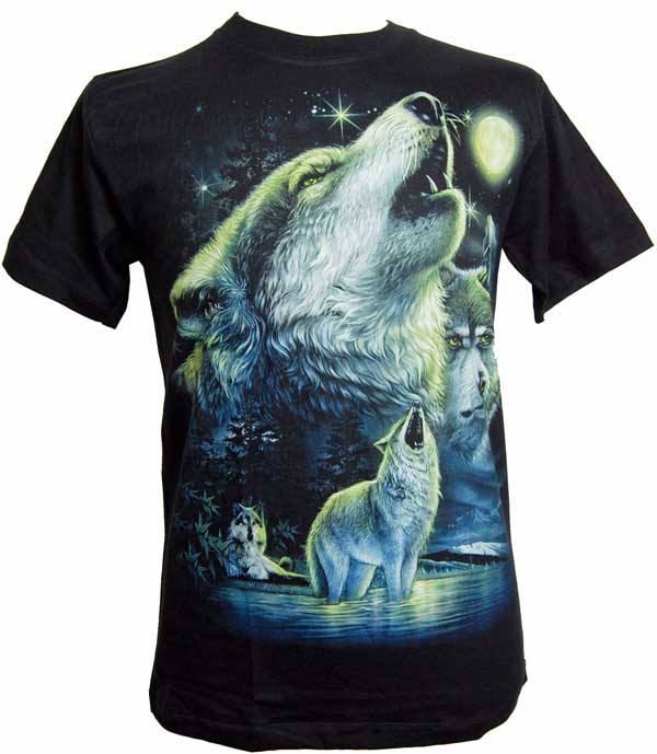 T-Shirt Large Wolves Print On Front And Back Glow In The Dark