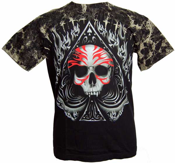 T-Shirt Large Skull With Red Flames Print On Front And Back With