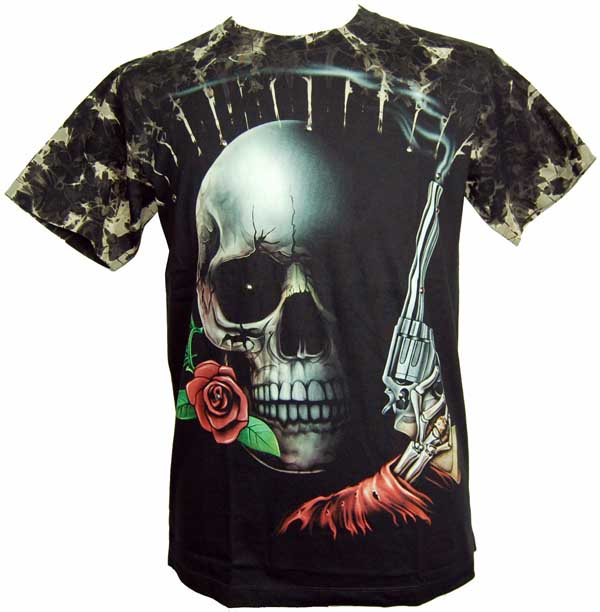 T-Shirt Medium Skull With Rose Print On Front And Back With Rive
