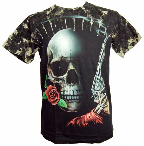 T-Shirt Large Skull With Rose Print On Front And Back With Rivet