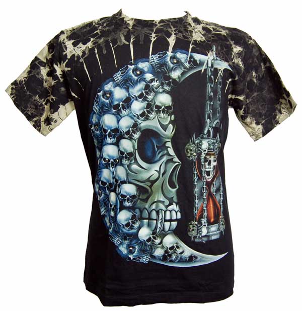 T-Shirt Large Skull Moon Print On Front And Back With Rivets