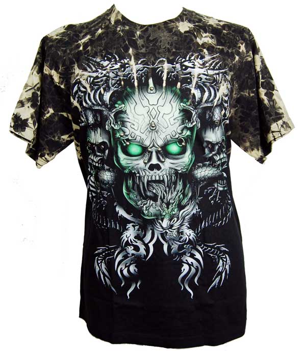 T-Shirt Large Triple Skulls With Dragon Print On Front And Back