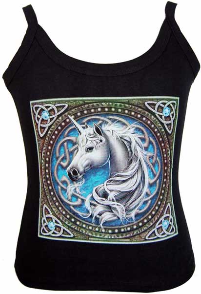 T-Shirt Small With Straps Celtic Unicorn Blue. Design By Lisa Pa