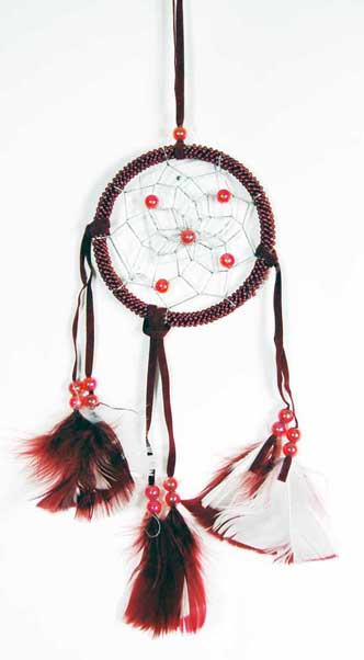 Dream Catcher With Feathers Deep Red 3.5 Inch