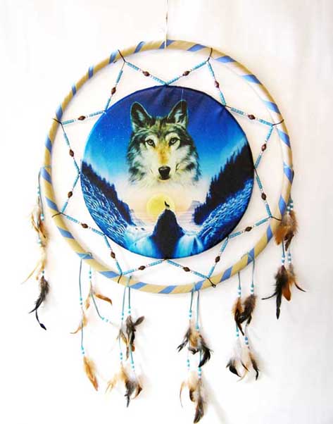 Dream Catcher Indian And Wolf Sunset 26 Inch