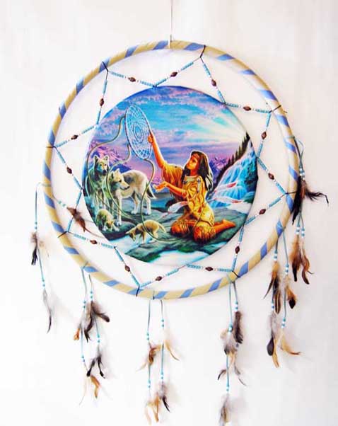 Dream Catcher Indian Lady With Wolves 26 Inch