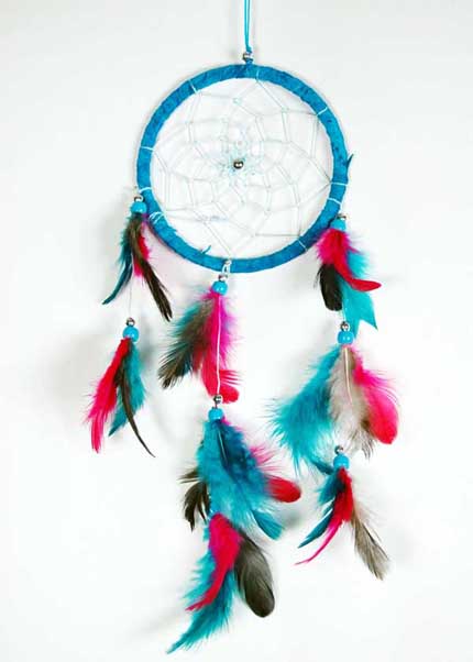 Dream Catcher Turquoise With Coloured Feathers 12cm 5090