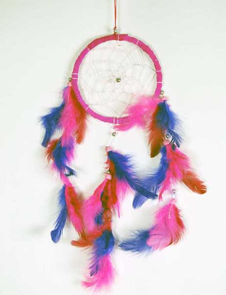 Dream Catcher Pink With Coloured Feathers 12cm 5090