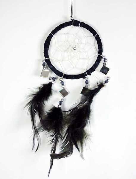 Dream Catcher Black With Mirrors And Feathers 9cm 5094