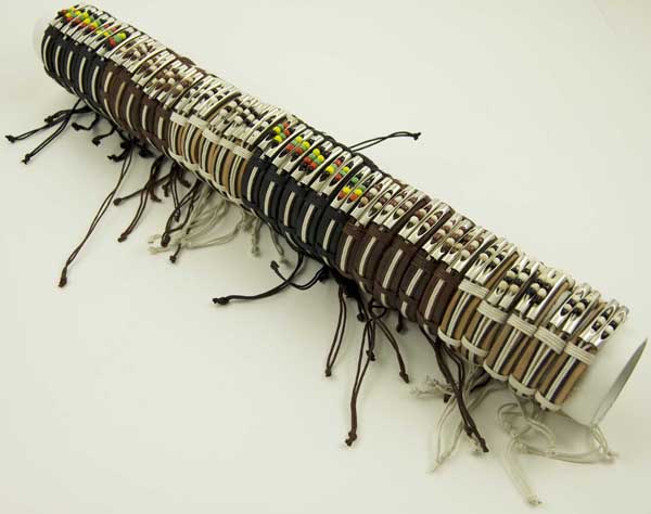 Bracelet Leather Black Brown And Natural With Beads Supplied On