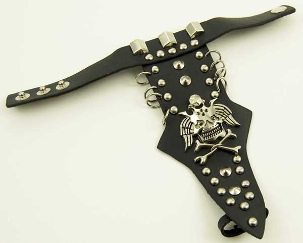 Finger Bracelet Black Evil Face Leather Look With Stud*MORE INFO