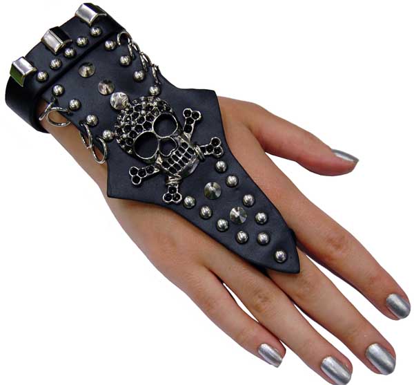 Finger Bracelet Black Skull And Bones With Large Eyes Leather Lo