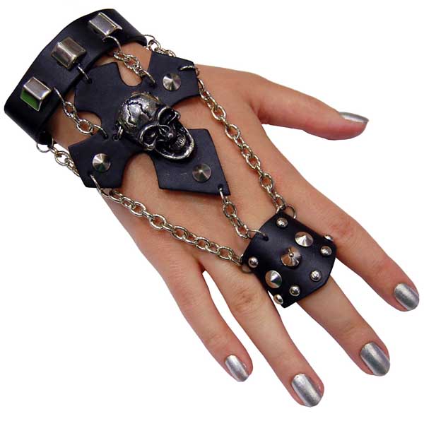Finger Bracelet Black Wicked Face With Studs And Chains Leather