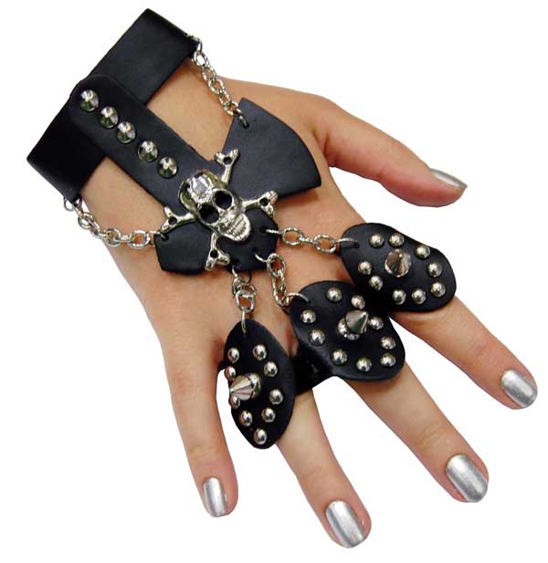 Finger Bracelet Black Skull And Bones 3 Rings With Studs And Cha