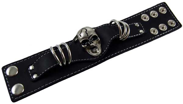 Bracelet Black Skull Head With Studs Leather Look