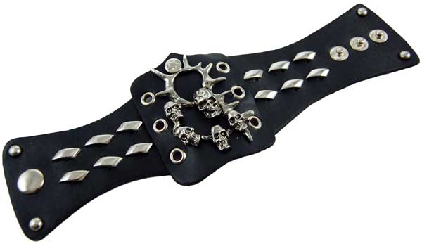 Bracelet Black Skull And Swords With Studs Leather Look