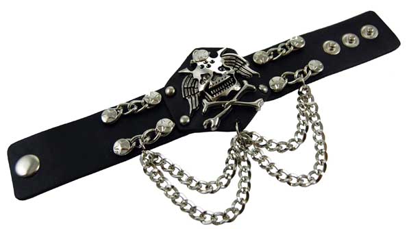 Bracelet Black Skull And Wings With Chains Leather Look